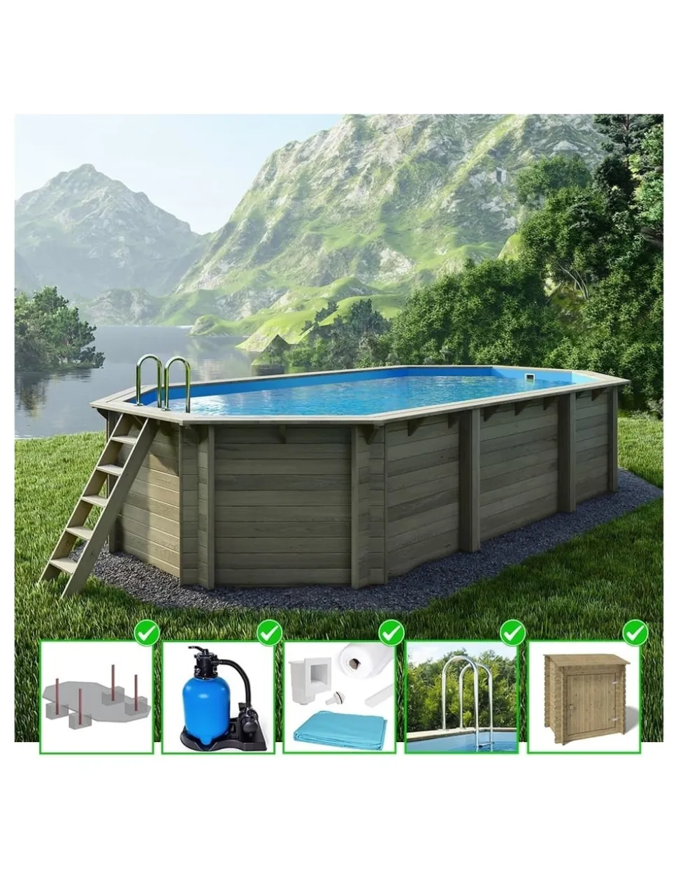 ALTANKA - Piscine en bois nemo 7,3x3,97 - h.1,45 m fixations à sceller - bas7305ospi+sza - altanka