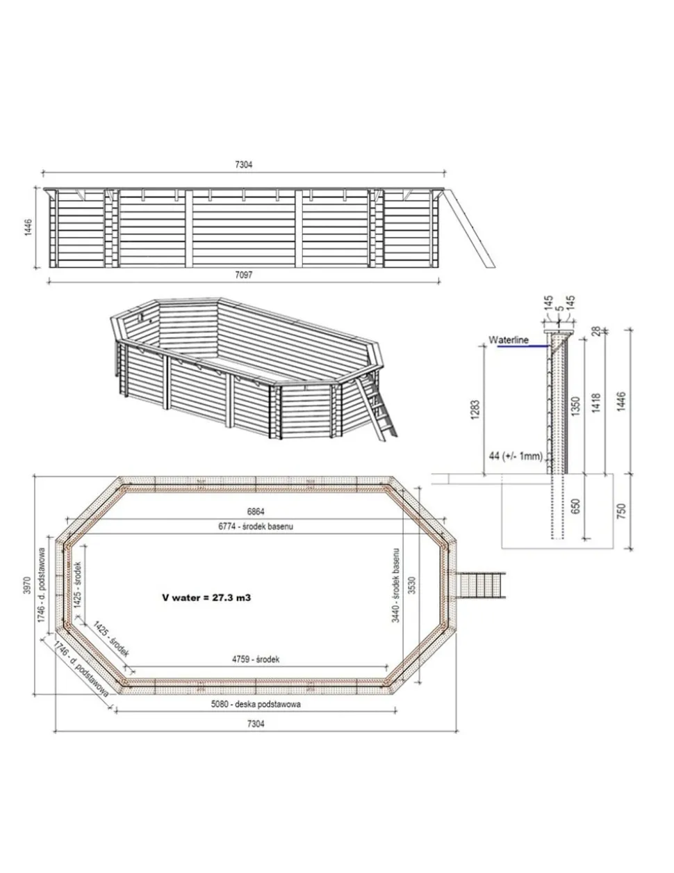 ALTANKA - Piscine en bois nemo 7,3x3,97 - h.1,45 m fixations à sceller - bas7305ospi+sza - altanka