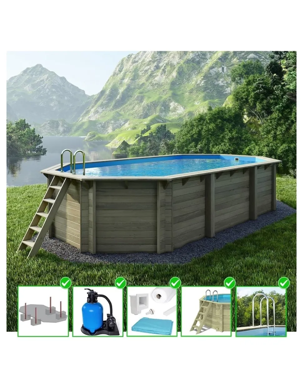 ALTANKA - Piscine en bois nemo 7,3x3,97 - h.1,45 m fixations à sceller - bas7305ospi - altanka