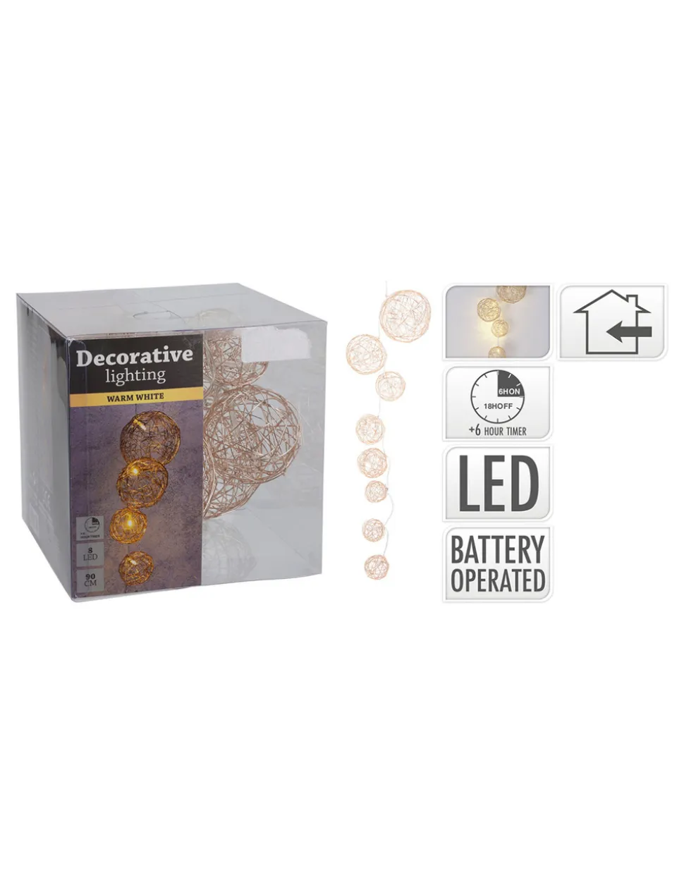 BASICS - Guirlande 8 boules de jute différents diamètres avec led, blanc chaud, 8 leds, 90cm. Basics