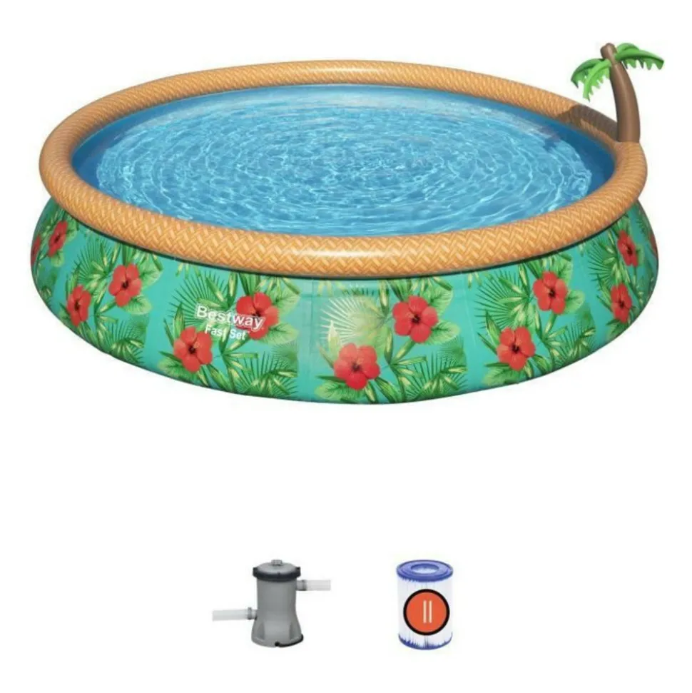 BESTWAY - Piscine hors sol fast set? Diametre 457 x 84 cm avec filtre a cartouche et fontaine integree, decor fleurs