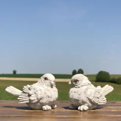 CHEMIN DE CAMPAGNE - 2 oiseaux décoratifs en résine blanche vieillie 8.5 x 5.5 cm