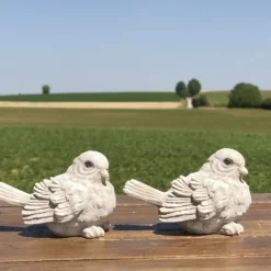 CHEMIN DE CAMPAGNE - 2 oiseaux décoratifs en résine blanche vieillie 8.5 x 5.5 cm