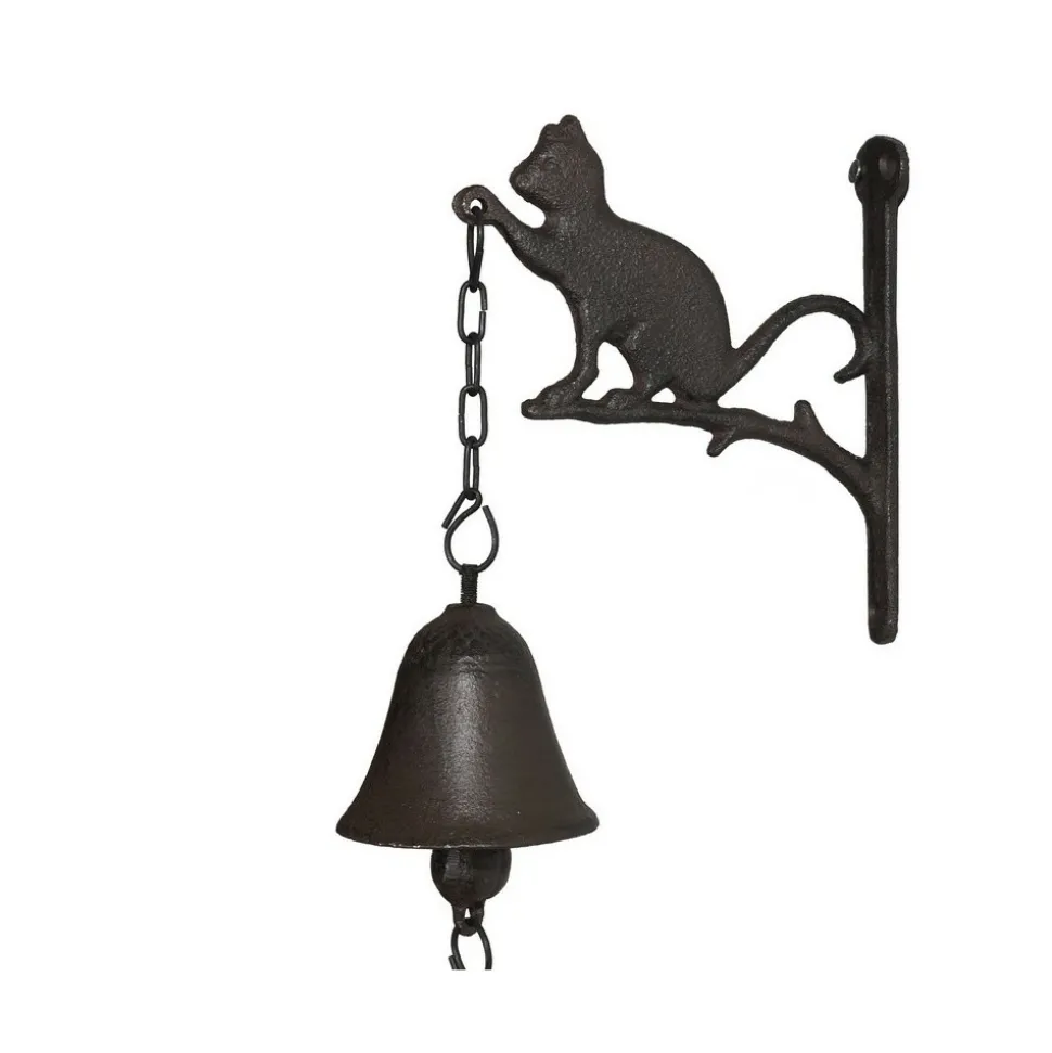 CHEMIN DE CAMPAGNE - Cloche de jardin de porte ancienne chat en fonte marron 16 x 23 cm