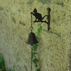 CHEMIN DE CAMPAGNE - Cloche de jardin de porte ancienne chat en fonte marron 16 x 23 cm
