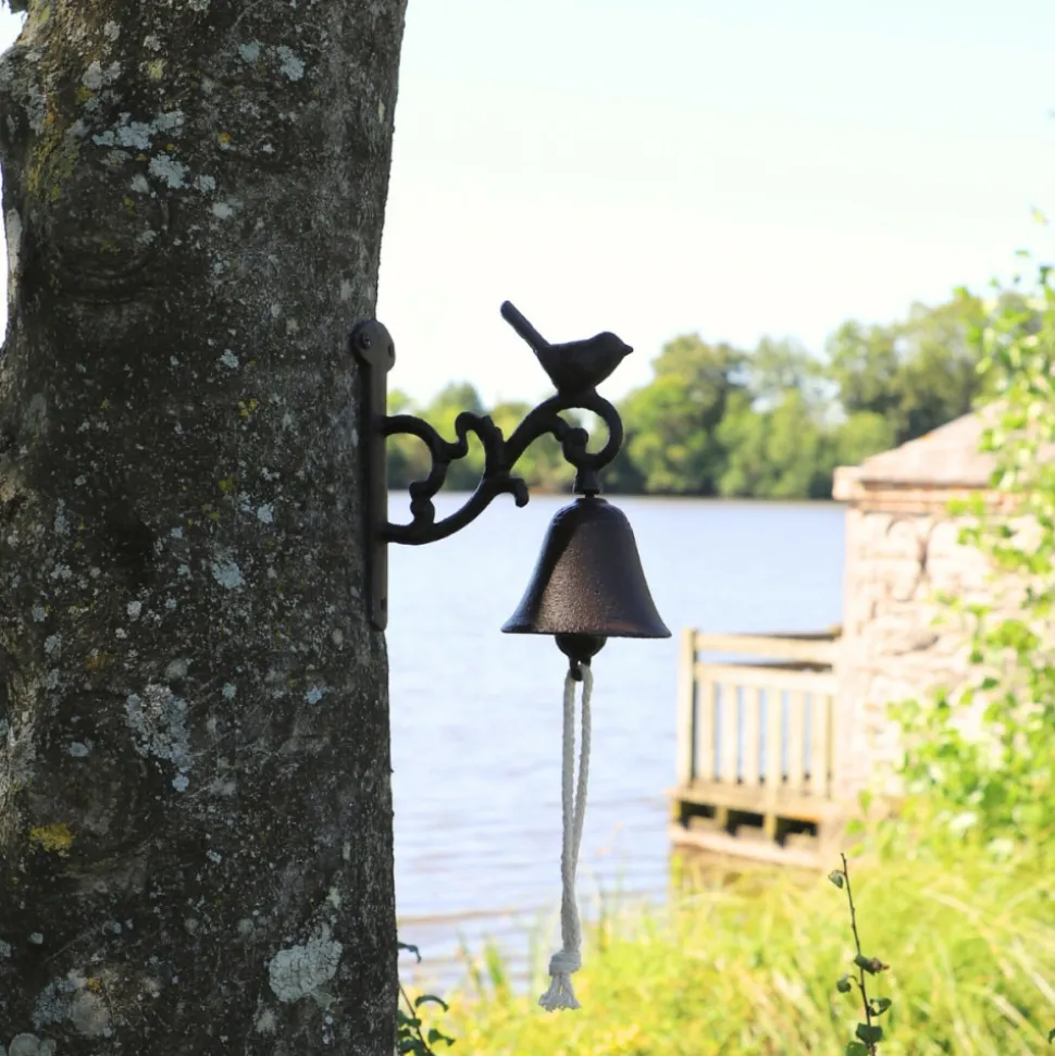 CHEMIN DE CAMPAGNE - Cloche de jardin de porte ancienne oiseau fonte marron 14x17cm