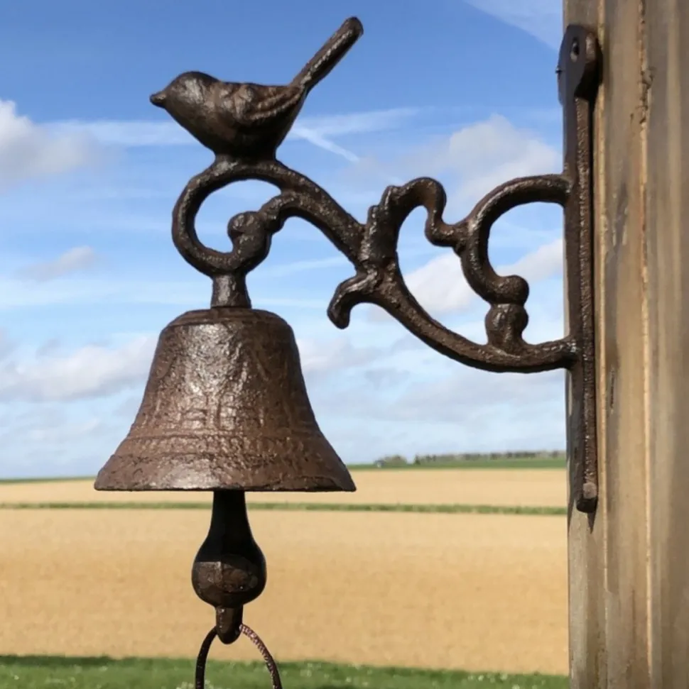 CHEMIN DE CAMPAGNE - Cloche de jardin de porte ancienne oiseau fonte marron 14x17cm