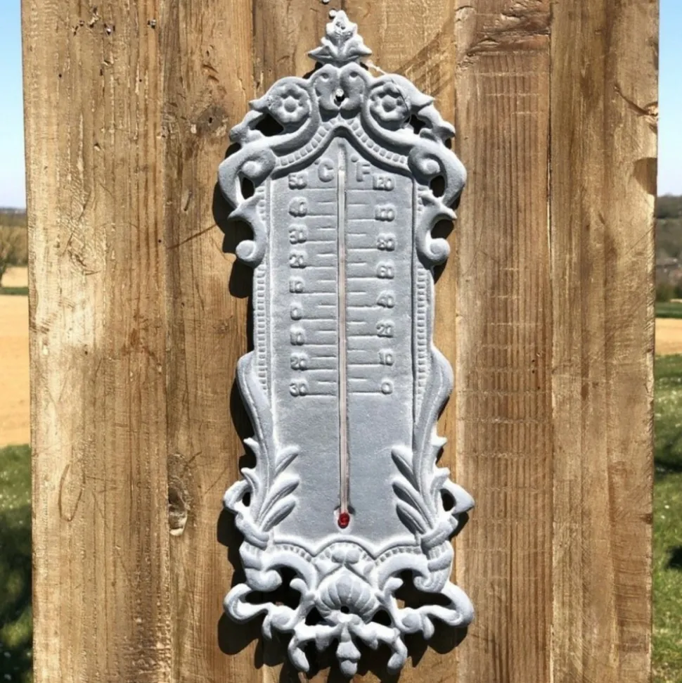 CHEMIN DE CAMPAGNE - Grand thermomètre extérieur décoratif vintage fonte grise 37cm