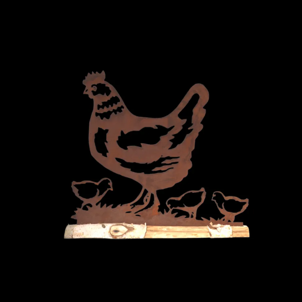 CHEMIN DE CAMPAGNE - Poule bois et métal marron 43 x 38 cm