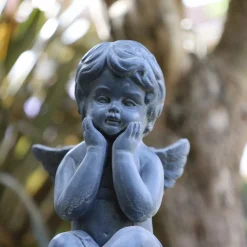 CHEMIN DE CAMPAGNE - Statuette statue sculpture jardin ange chérubin béton gris 24.5cm