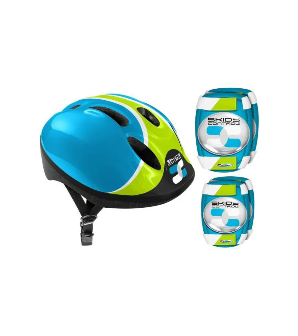 Combo bleu (casque + genouilleres & coudieres) skids control
