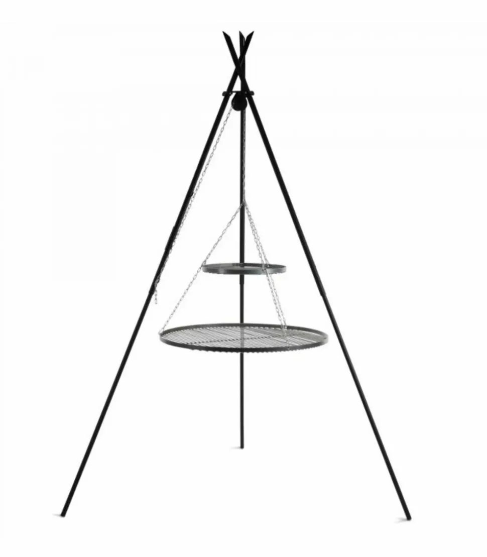 COOK - Barbecue 2 grilles de cuisson suspendu « tipi » sur trépied 210 cm – en acier 70 cm et 40 cm
