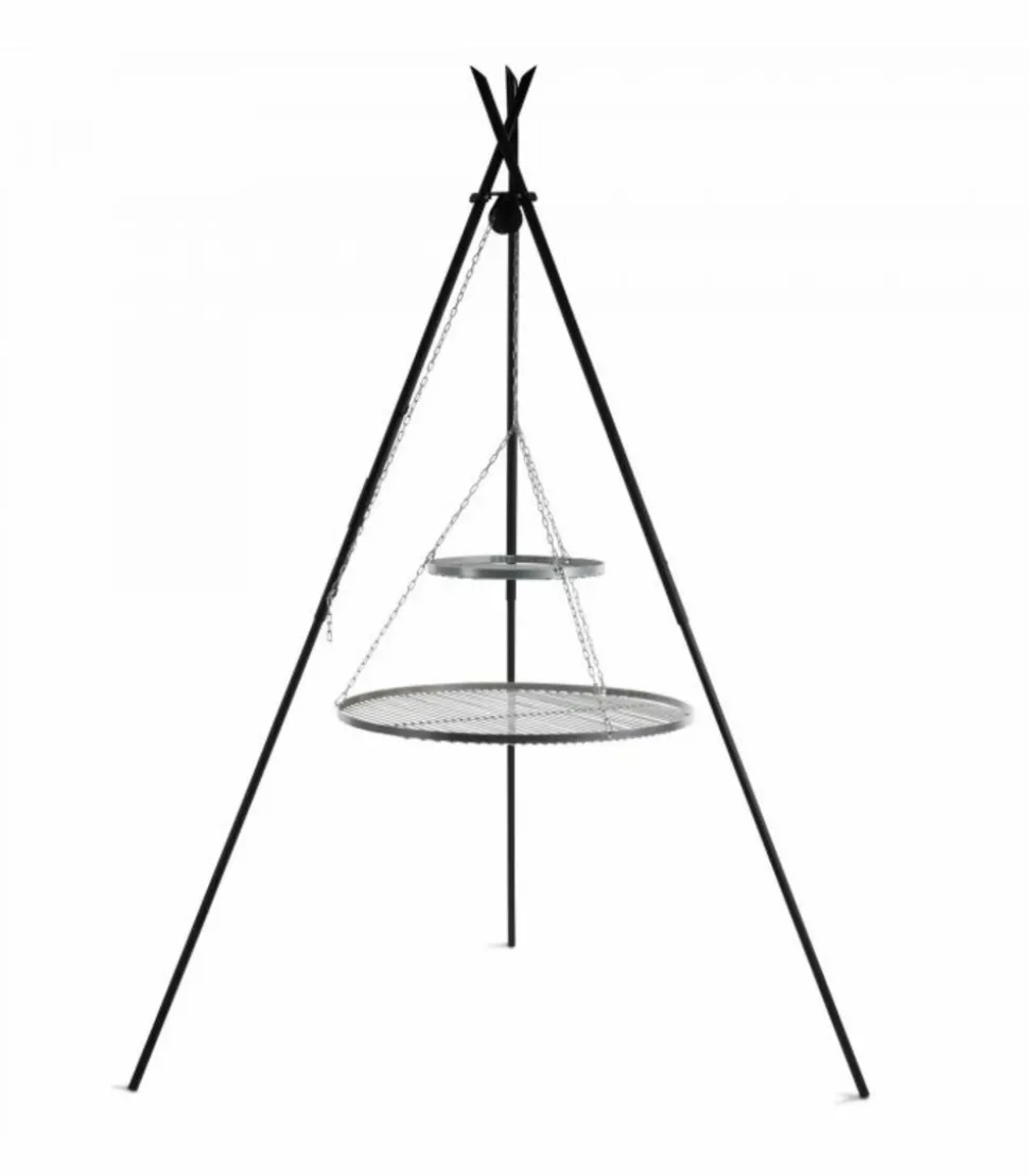 COOK - Barbecue 2 grilles de cuisson suspendu « tipi » sur trépied 210 cm – en acier inox 70 cm et 40 cm