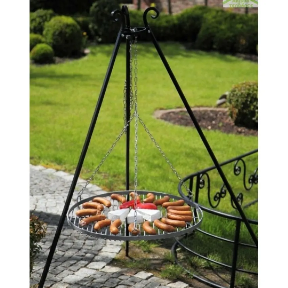 COOK - Barbecue grille de cuisson suspendu en acier 50 cm sur trépied 180 cm