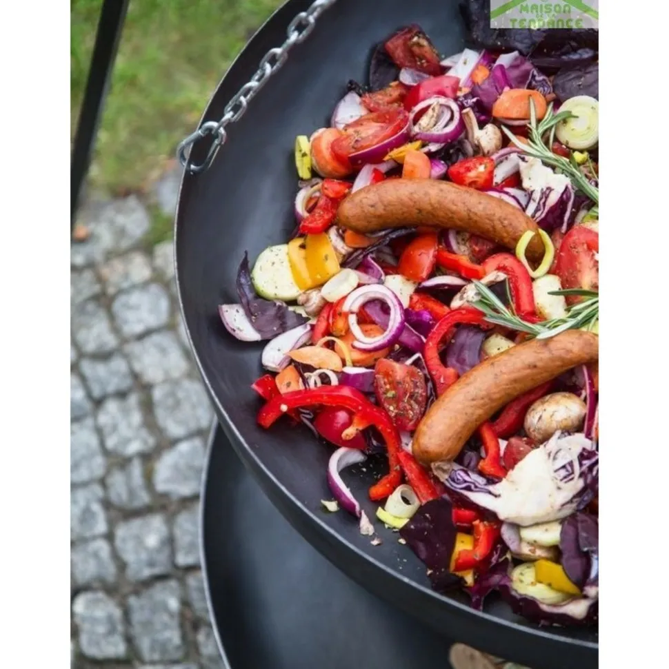 COOK - Wok rond sur trépied 60 cm spécial feu de camp pour brasero