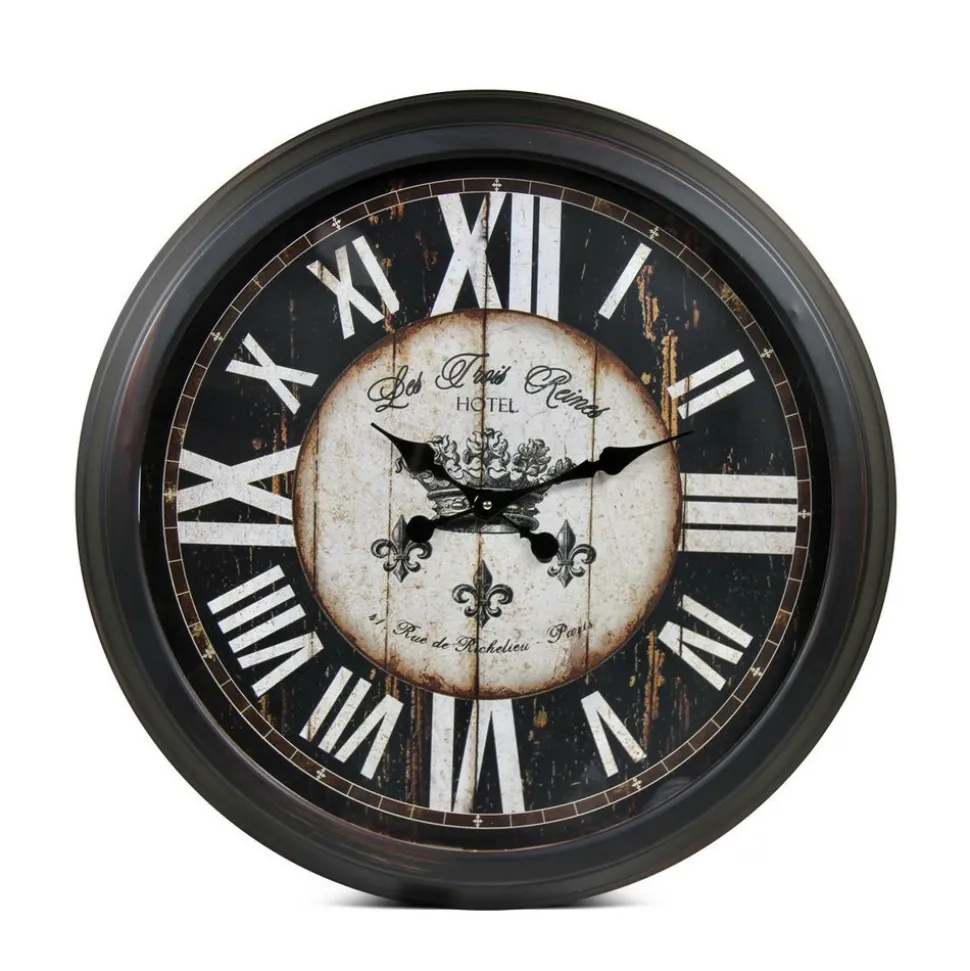 DÉCORATION D'AUTREFOIS - Grande horloge ancienne murale hôtel les trois reines métal noir - décoration d'autrefois