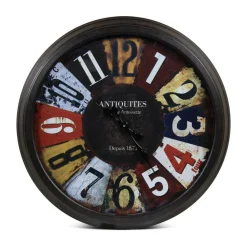 DÉCORATION D'AUTREFOIS - Grande horloge ancienne murale antiquités métal multicolore - décoration d'autrefois