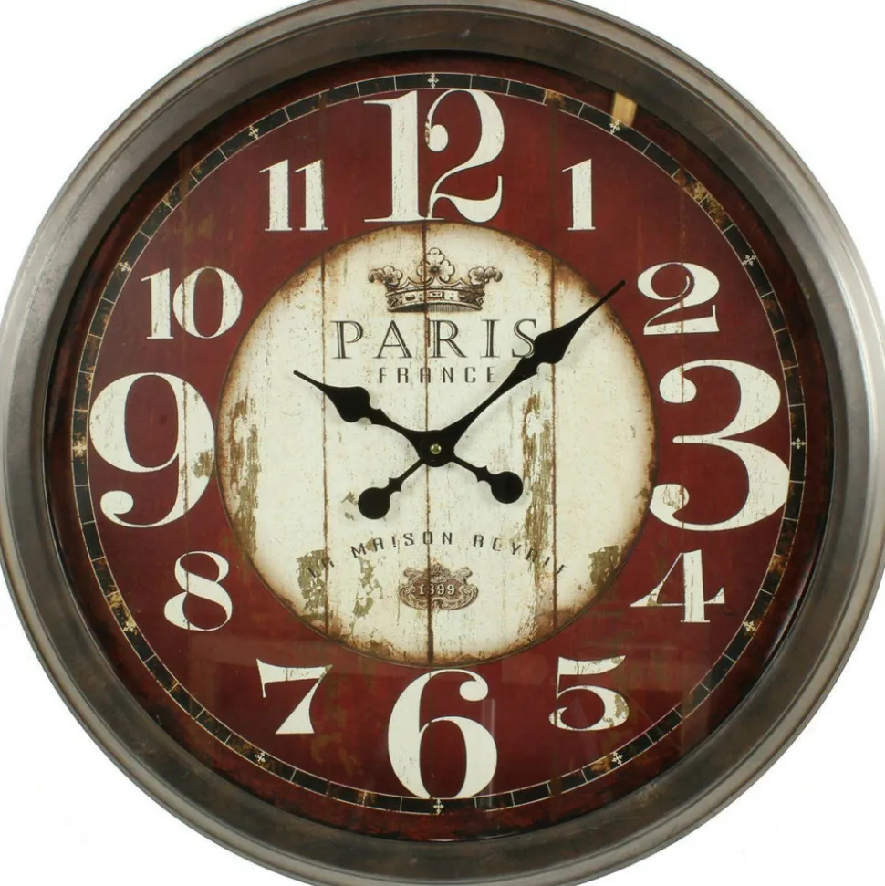 DÉCORATION D'AUTREFOIS - Grande horloge ancienne murale paris france fer rouge-bordeaux - décoration d'autrefois