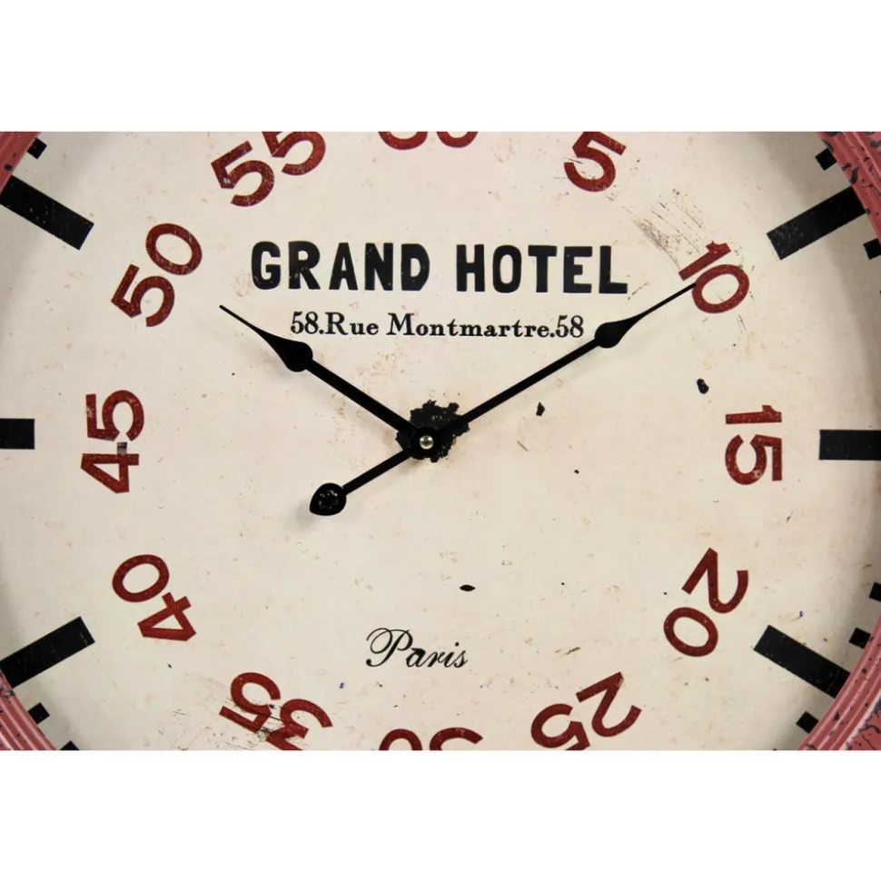 DÉCORATION D'AUTREFOIS - Horloge ancienne murale grand hôtel métal rouge-bordeaux - décoration d'autrefois