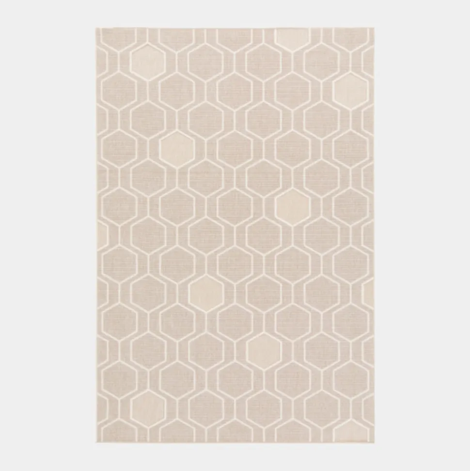 DÉCOWEB - Tapis extérieur et intérieur motif graphique - hexagone - beige et écru - 120 x 170 cm