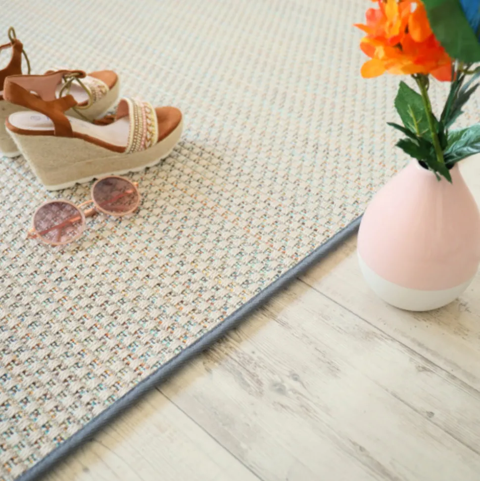 DÉCOWEB - Tapis extérieur ou intérieur en tissé plat - sumatra silver multicolore - galon gris ardoise - 160 x 230 cm