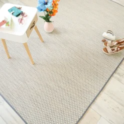 DÉCOWEB - Tapis extérieur ou intérieur en tissé plat - sumatra silver multicolore - galon gris ardoise - 80 x 150 cm