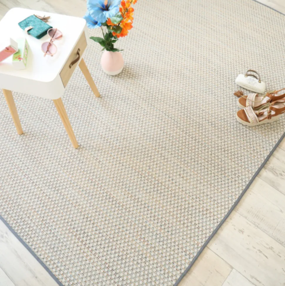 DÉCOWEB - Tapis extérieur ou intérieur en tissé plat - sumatra silver multicolore - galon gris ardoise - 80 x 150 cm