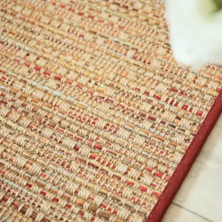 DÉCOWEB - Tapis intérieur / extérieur en tissé plat - bornéo nature multicolore - galon bordeaux - 200 x 200 cm