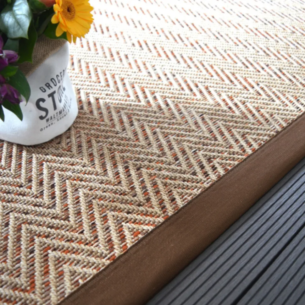 DÉCOWEB - Tapis intérieur / extérieur - java chevron nature - ganse marron - 200 x 200 cm