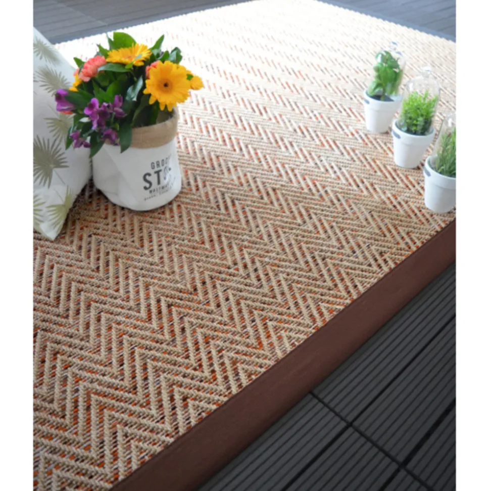 DÉCOWEB - Tapis intérieur / extérieur - java chevron nature - ganse marron - 140 x 200 cm