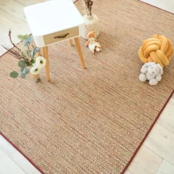 DÉCOWEB - Tapis intérieur / extérieur en tissé plat - bornéo nature multicolore - galon bordeaux - 140 x 200 cm