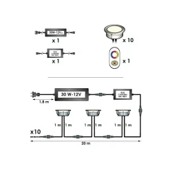 DECKLINEA - 10 spots led à encastrer - rgb - telecommande + transformateur 30w - siros - plug & play - dimmable