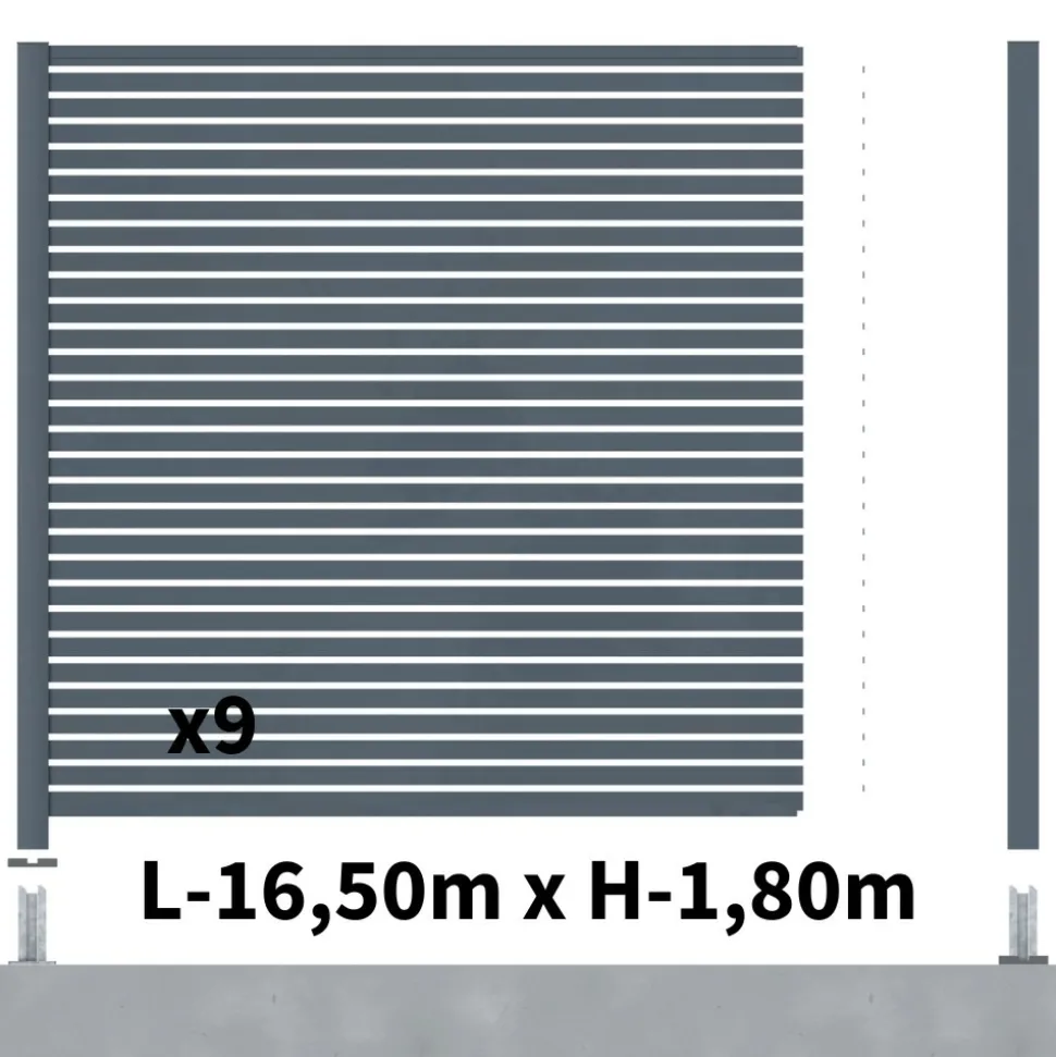 DECKLINEA - Kit clôture ajourée aluminium olinda anthracite 16,5x1,8m poteaux sur platines - dimension des lames : 21x45x1780 mm