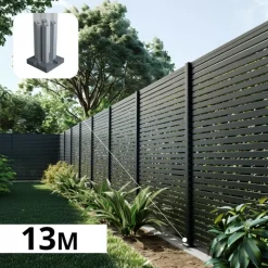 DECKLINEA - Kit clôture ajourée aluminium olinda anthracite 12,85x1,8m poteaux sur platines - dimension des lames : 21x45x1780 mm
