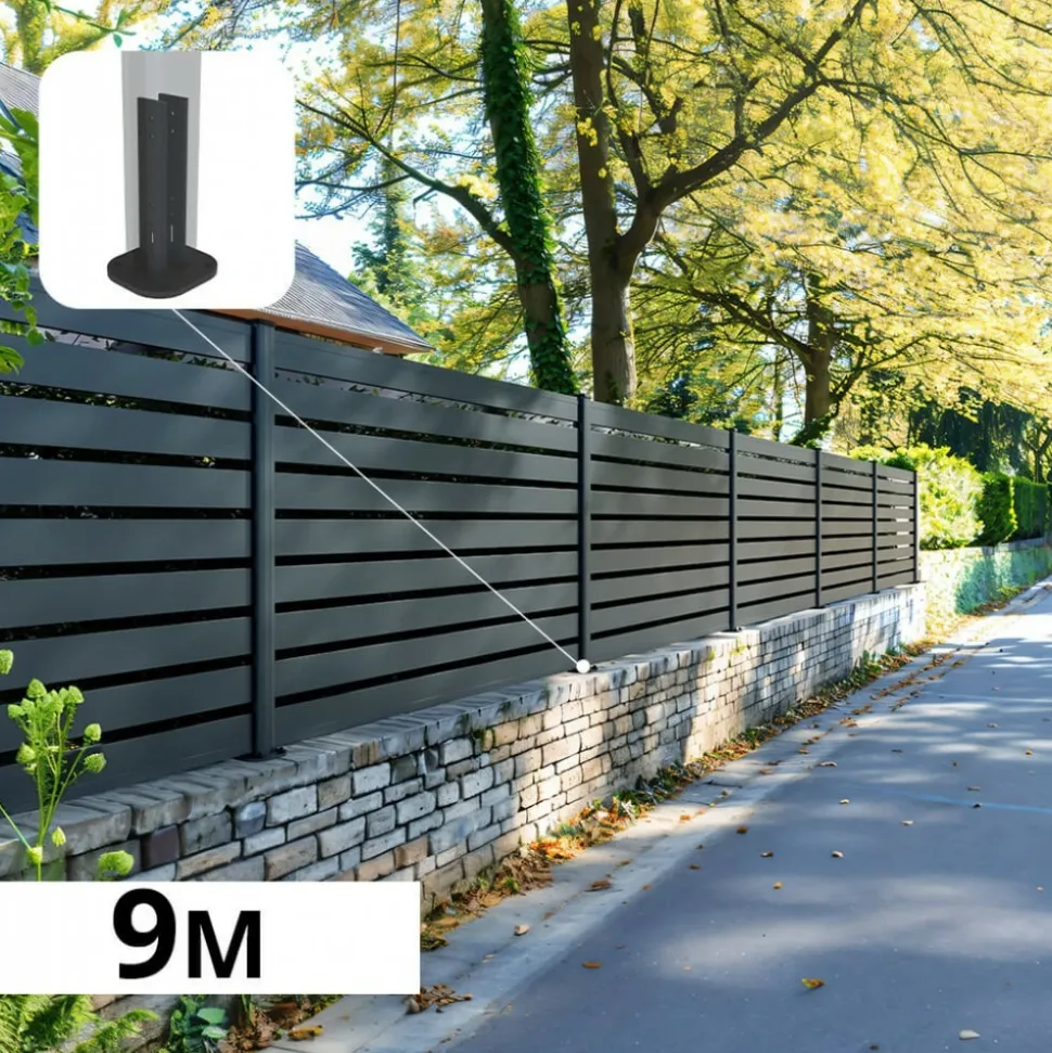 DECKLINEA - Kit clôture aluminium ajourée sur muret olinda anthracite 9,20x1,8m - lames ajourées 21x100x1780 mm - brise vue - palissade