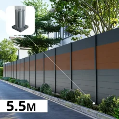 DECKLINEA - Kit clôture aluminium bahia & cruz teck 5,5x1,8m - aluminium et bois composite - poteaux sur platines gris - occultation