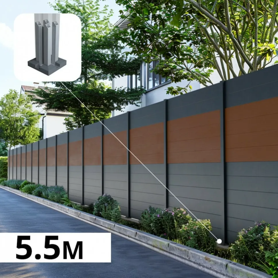 DECKLINEA - Kit clôture aluminium bahia & cruz teck 5,5x1,8m - aluminium et bois composite - poteaux sur platines gris - occultation