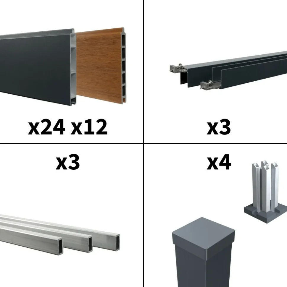 DECKLINEA - Kit clôture aluminium bahia & cruz teck 5,5x1,8m - aluminium et bois composite - poteaux sur platines gris - occultation