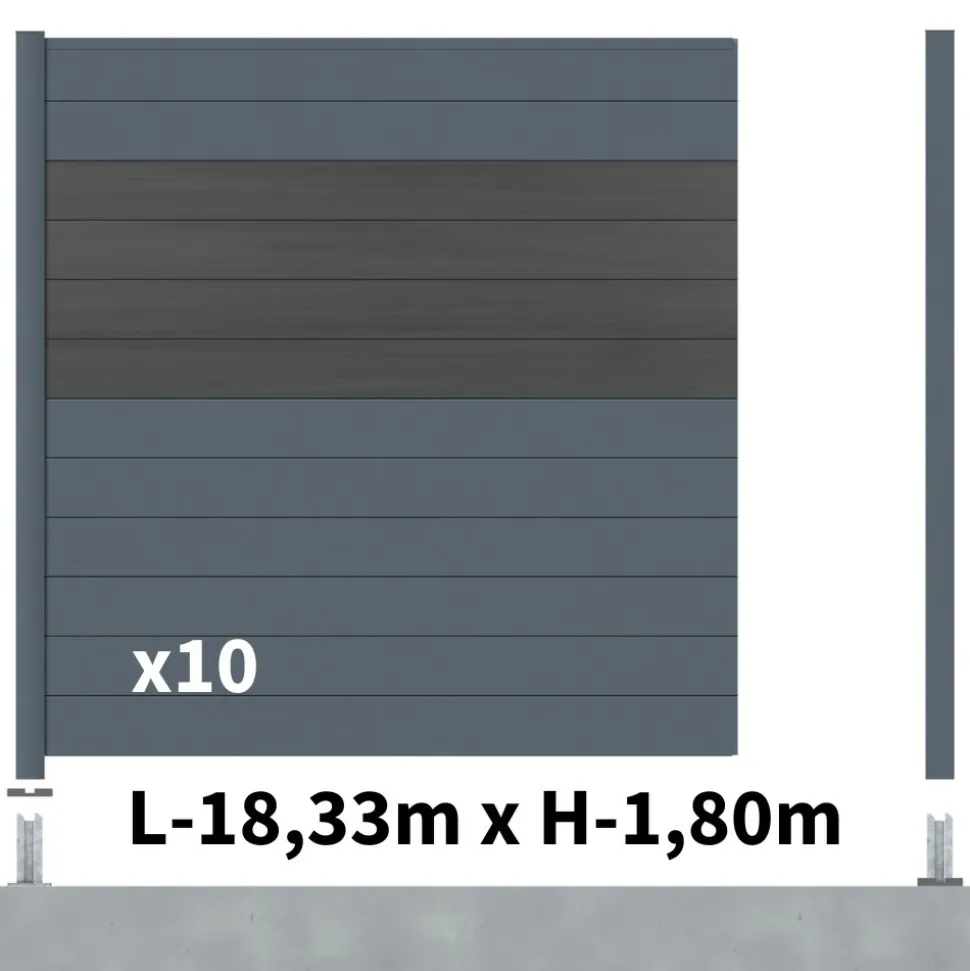DECKLINEA - Kit clôture aluminium bahia & cruz ardoise 18,33x1,8m - aluminium et bois composite - poteaux sur platines gris - occultation