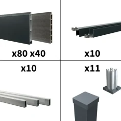 DECKLINEA - Kit clôture aluminium bahia & cruz ardoise 18,33x1,8m - aluminium et bois composite - poteaux sur platines gris - occultation