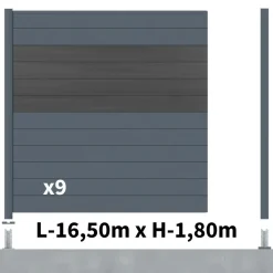 DECKLINEA - Kit clôture aluminium bahia & cruz ardoise 16,5x1,8m - aluminium et bois composite - poteaux sur platines gris - occultation
