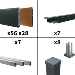DECKLINEA - Kit clôture aluminium bahia & cruz teck 12,85x1,8m - aluminium et bois composite - poteaux sur platines gris - occultation