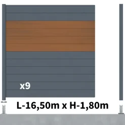 DECKLINEA - Kit clôture aluminium bahia & cruz teck 16,5x1,8m - aluminium et bois composite - poteaux sur platines gris - occultation