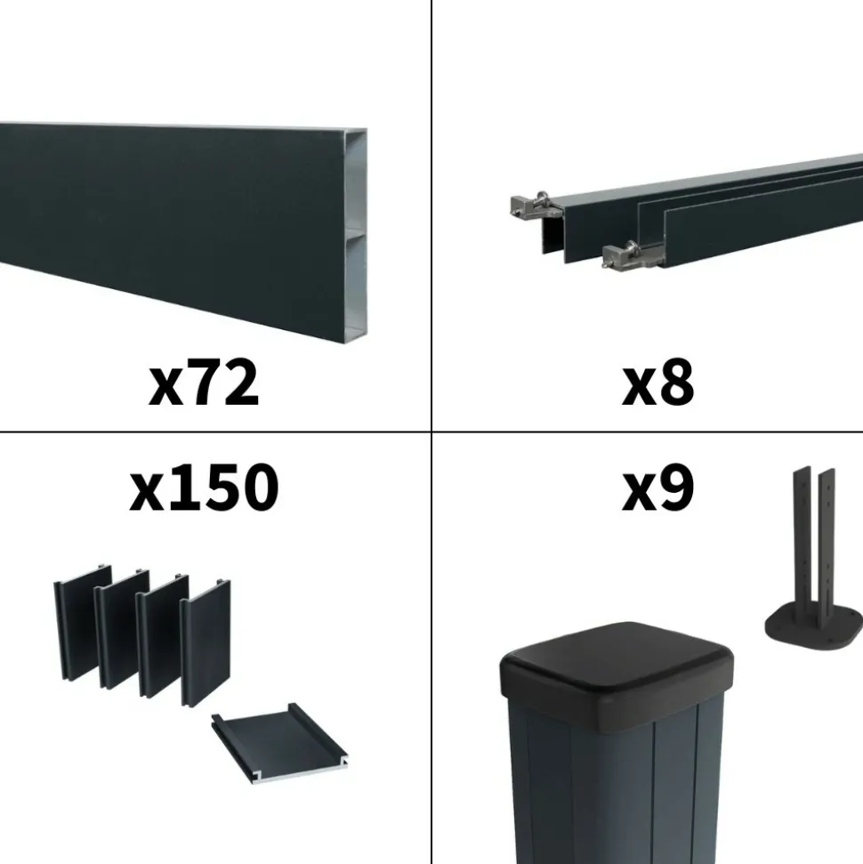 DECKLINEA - Kit clôture aluminium ajourée sur muret olinda anthracite 14,68x1,8m - lames ajourées 21x100x1780 mm - brise vue - palissade