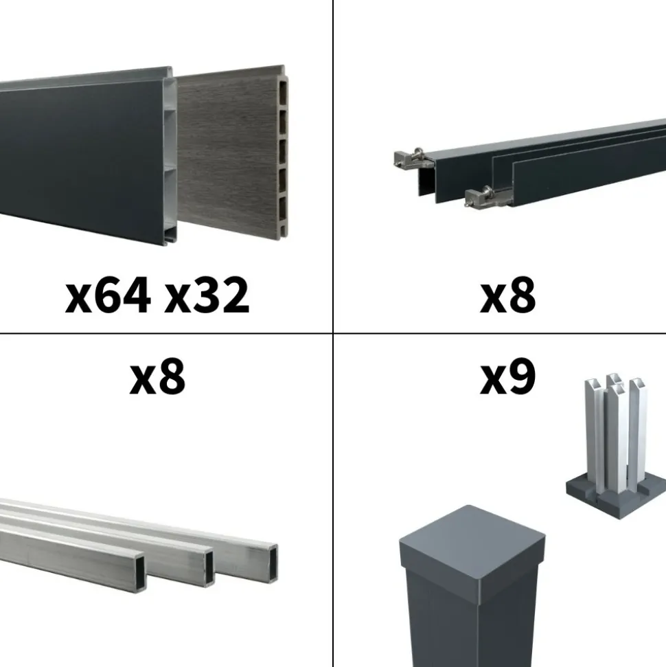 DECKLINEA - Kit clôture aluminium bahia & cruz ardoise 14,68x1,8m - aluminium et bois composite - poteaux sur platines gris - occultation