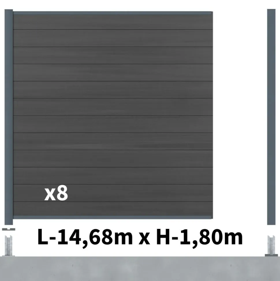 DECKLINEA - Kit clôture composite cruz ardoise 14,5x1,8m - bois composite & aluminium - poteaux sur platines gris - brise vue - palissade