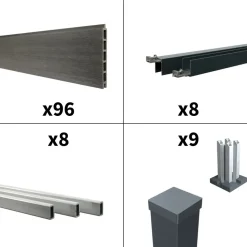 DECKLINEA - Kit clôture composite cruz ardoise 14,5x1,8m - bois composite & aluminium - poteaux sur platines gris - brise vue - palissade