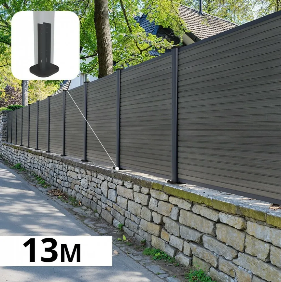 DECKLINEA - Kit clôture composite sur muret santos ardoise 13x1,8m - bois composite & aluminium - poteaux sur platines gris - brise vue