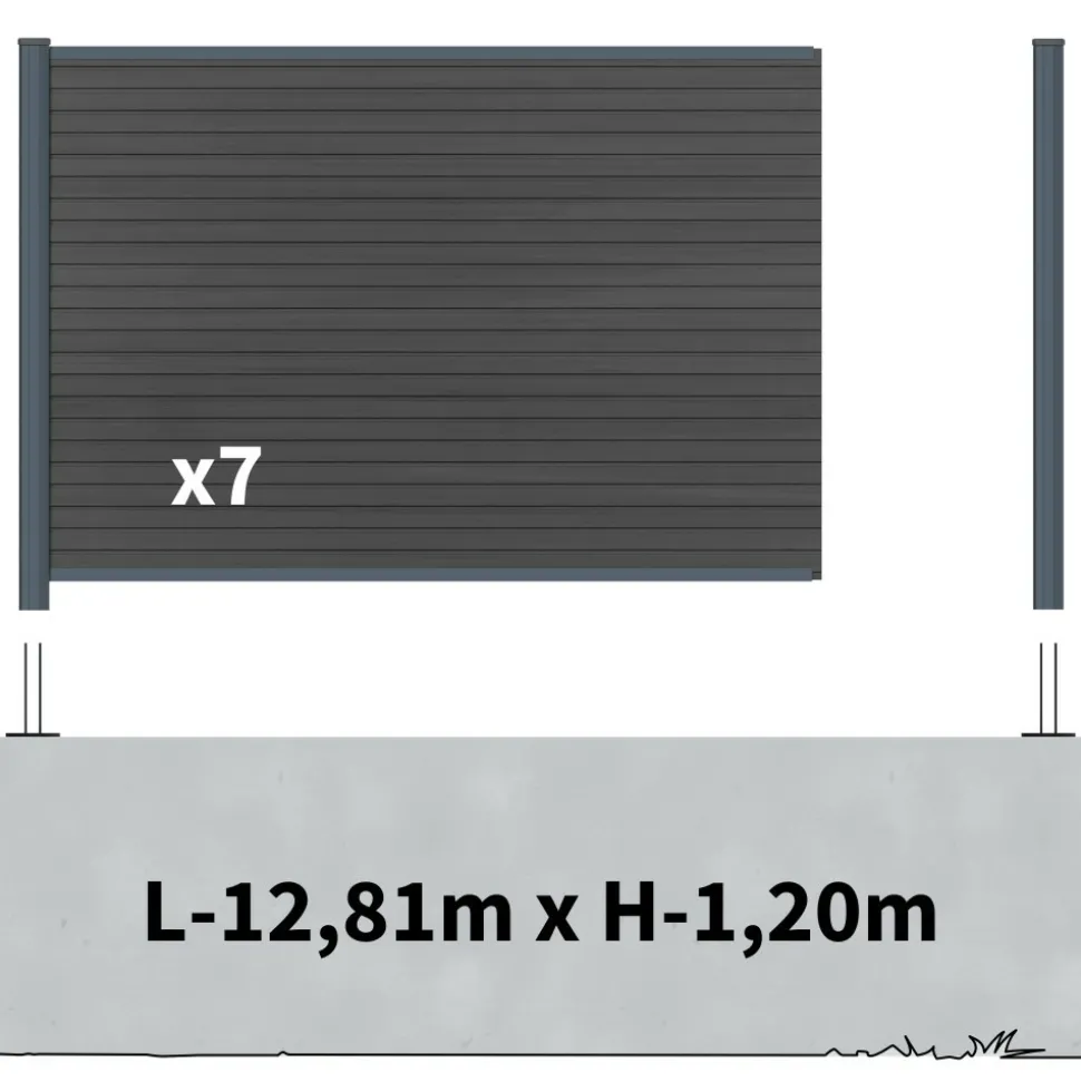 DECKLINEA - Kit clôture composite sur muret santos ardoise 13x1,8m - bois composite & aluminium - poteaux sur platines gris - brise vue