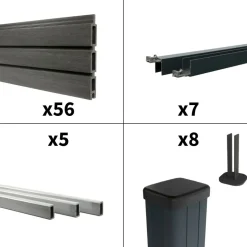 DECKLINEA - Kit clôture composite sur muret santos ardoise 13x1,8m - bois composite & aluminium - poteaux sur platines gris - brise vue